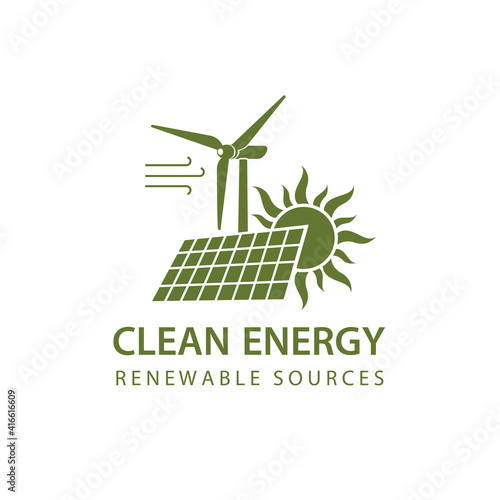 renewable energy icon with wind turbine, solar panel and sun isolated on white background