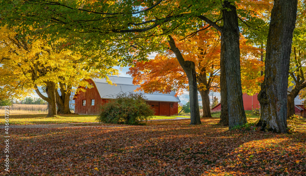 Colorful Autumn Scenic drive in central Michigan countryside - barn
