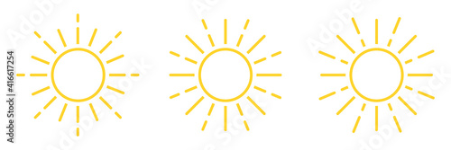 Sun in line art style on white background. Solar simple icons isolated. Sun burst graphic element vector. Vector illustration.