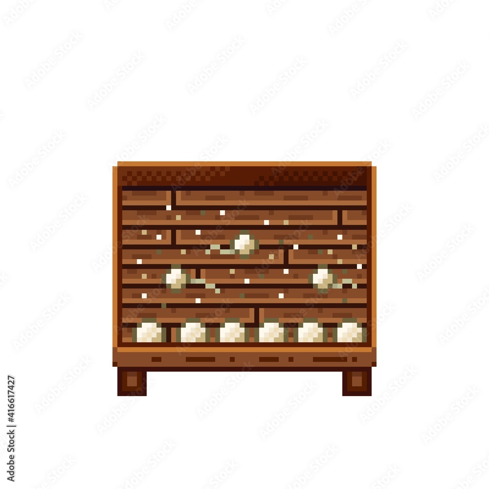 Vegetable shop pixel art. Mushrooms in a wooden crate. Mushroom, pixel art food icon isolated on white background. Mushrooms stall. Showcase with vegetable waste. Vector illustration. Vegetable shop pixel art. Mushrooms in a wooden crate. Mushroom, pixel art food icon isolated on white background. Mushrooms stall. Showcase with vegetable waste. Vector illustration.