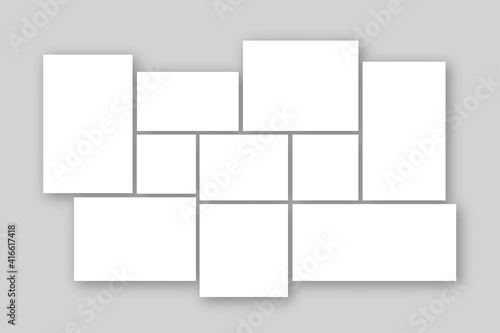 White collage blank frame photo part or picture. Modern paper board set with template collage. Vector photo frame mockup on white background with shadow. Vector illustration.