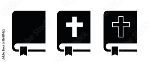 Christian bible book icons collection. Bible symbol in flat style. Holy book with religion cross. Isolated vector illustration.