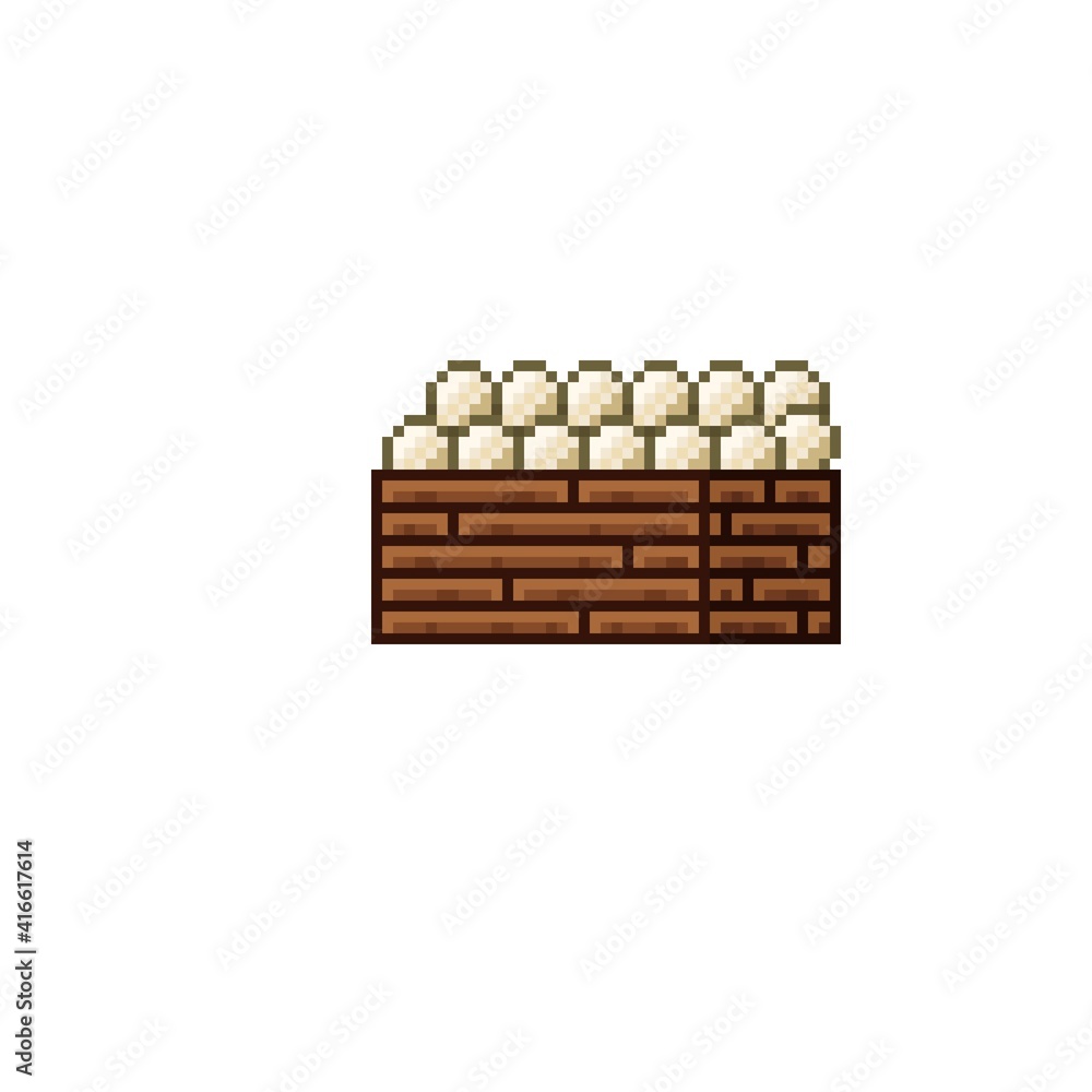 Vegetable shop pixel art. Mushrooms in a wooden crate. Mushrooms, food pixel art icon isolated on white background. Mushroom stall. Showcase with vegetable waste. Vector illustration. Vegetable shop pixel art. Mushrooms in a wooden crate. Mushrooms, food pixel art icon isolated on white background. Mushroom stall. Showcase with vegetable waste. Vector illustration.