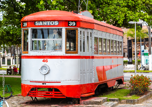 Tourist tram restored that makes walks through the historical center of the city of Santos, Sao Paulo.