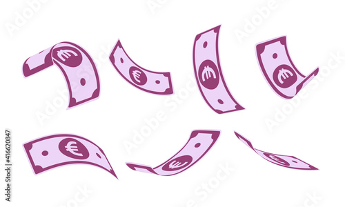 European Union Euro falling set, animation ready. EUR paper notes flying in the air. Europe money in