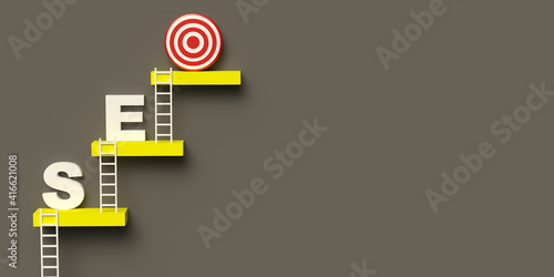 Be different, efficient climbing ladder concept: 3d rendering in Pantone 2021 colors. Goals in creative leadership and teamwork in website traffic. SEO target. Search Engine Optimization photo
