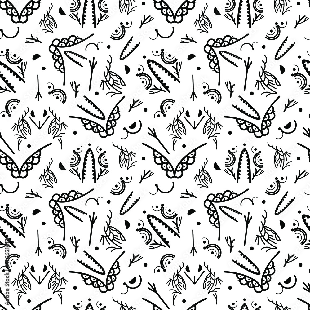 Vector seamless pattern black and white abstraction, diverse artistic decorative elements