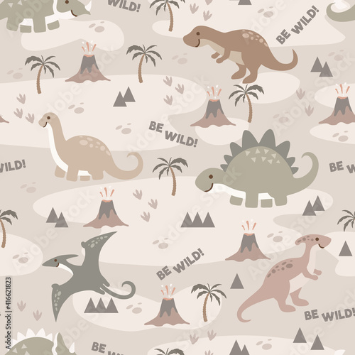 Seamless pattern Cute Dino Family design for background, wallpaper, clothing, wrapping, fabric