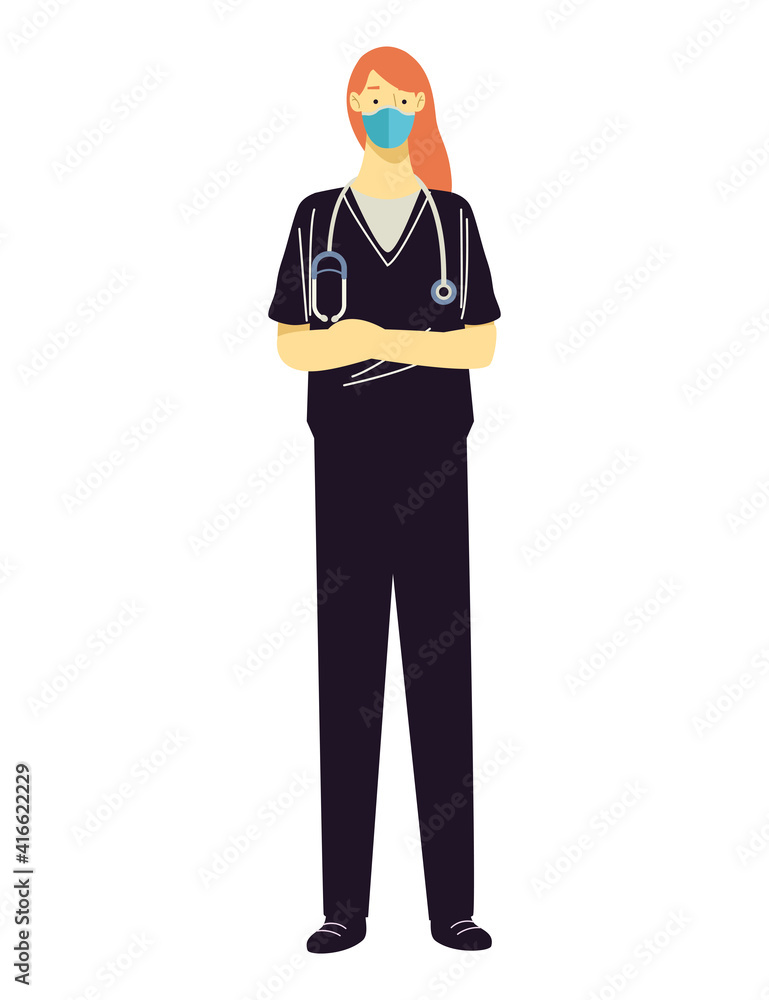 female doctor wearing medical mask and black suit with stethoscope female doctor wearing medical mask and black suit with stethoscope