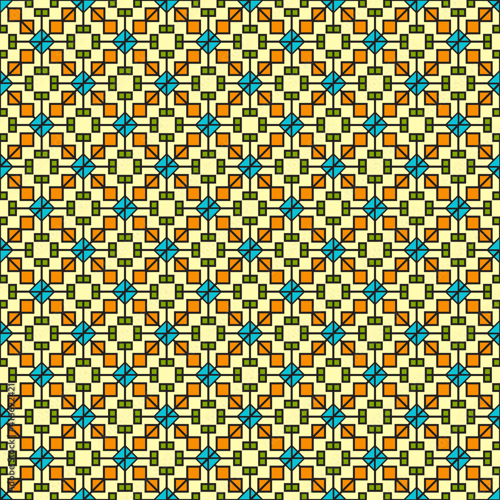 Fototapeta premium Seamless pattern of small colored squares in a geometric ornamental style, beige background.