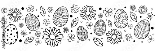 Easter banner with cute with eggs and flowers. Vector