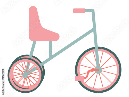 Bike. A bicycle for children with three wheels. Isolated object, element on a white background. Vector illustration in a flat style. Means of transport. Pink and blue.