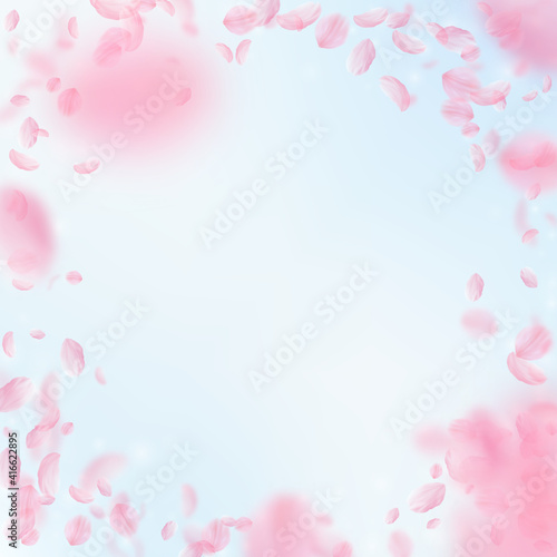 Sakura petals falling down. Romantic pink flowers vignette. Flying petals on blue sky square backgro © Begin Again