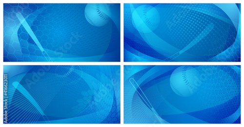 Set of four backgrounds with baseball bat and ball in blue colors