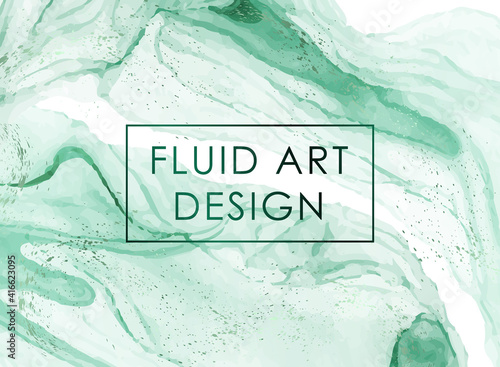 Modern abstract background design or card template for birthday greeting or wallpaper or poster with mint green watercolor waves or fluid art in alcohol ink style with golden glitter on a white.