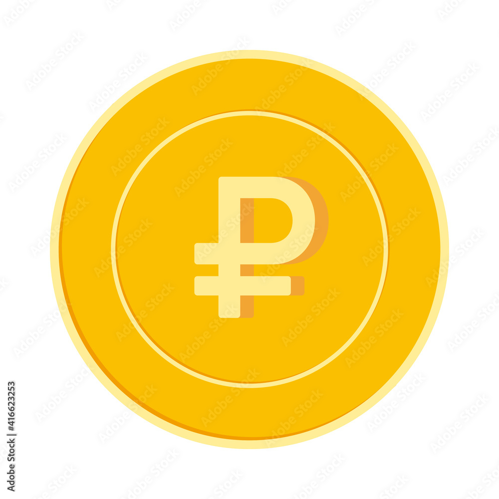 Russian ruble coin isolated on white background. RUB yellow gold coin. Russia metal money. Admirable Russian ruble coin isolated on white background. RUB yellow gold coin. Russia metal money. Admirable