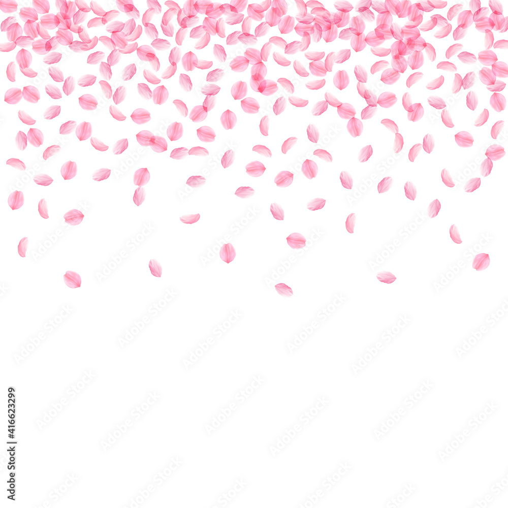 Sakura petals falling down. Romantic pink silky small flowers. Thick flying cherry petals. Scatter t