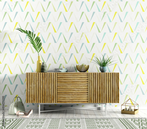 Fototapeta Naklejka Na Ścianę i Meble -  Wooden dresser over bright wall with patterns, Modern design scandinavian interior of living room. Home decor 3d rendering