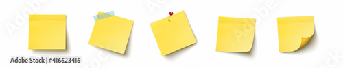 Post note, sticky sheet or paper sticker set with shadow isolated on white background. Realistic vector yellow office memo pin on wall template