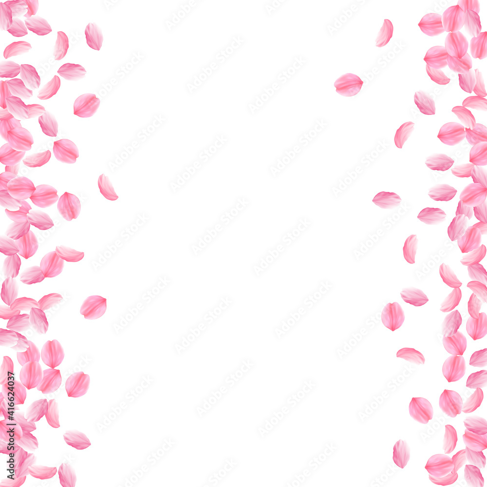 Sakura petals falling down. Romantic pink bright medium flowers. Thick flying cherry petals. Messy b