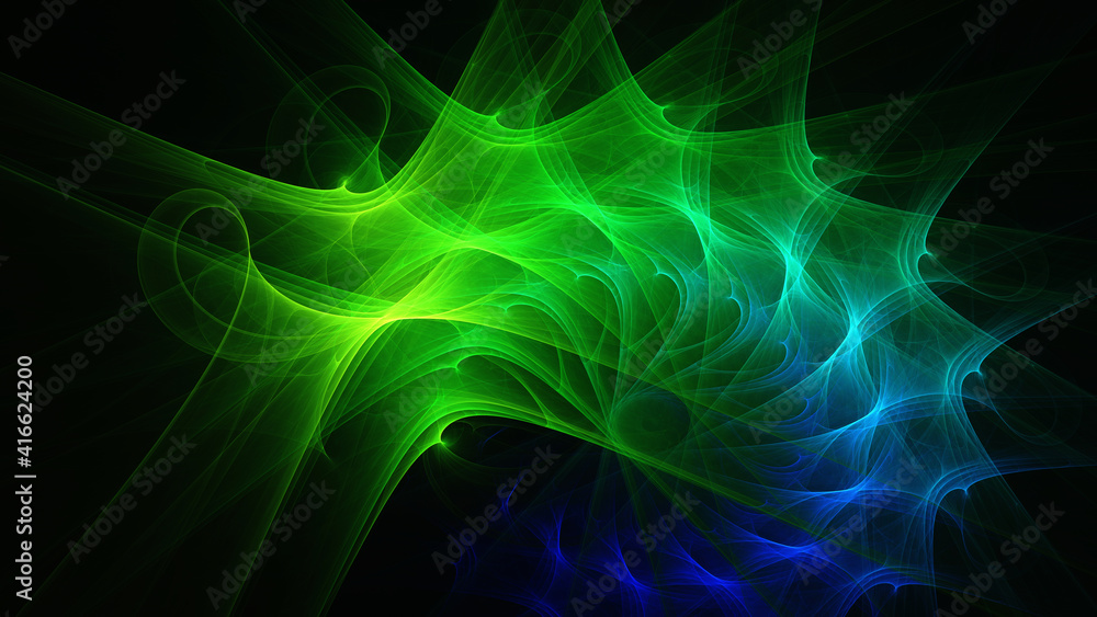 Obraz premium Abstract background, smooth blue and green lines on a black background.