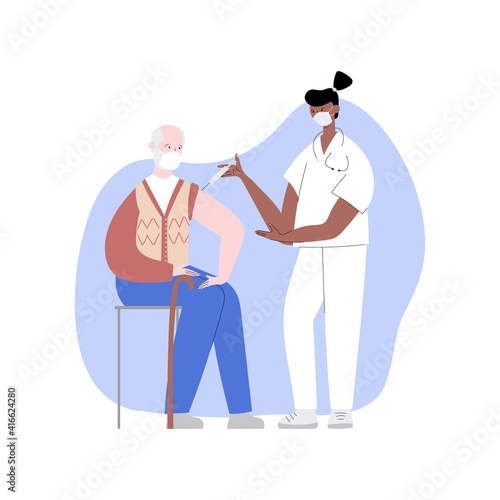 Coronavirus vaccination, doctor injecting a patient, getting shot of covid-19 vaccine. A nurse giving a coronavirus vaccine to an elderly man, concept illustration for immunity health.