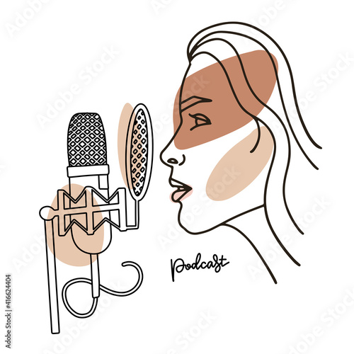 Radio host with professional mic flat vector illustration. Media hosting linear abstract drawing. Female podcaster profile speaking to microphone, broadcaster at workspace isolated character. Vector