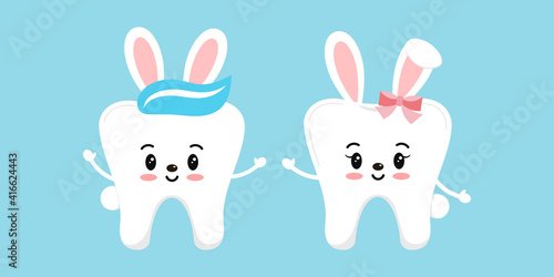 Easter bunny rabbit teeth dental icon set isolated. Dentist easter cute white tooth character with bunny ears and tail. Flat design cartoon vector kids dentistry clip art illustration.