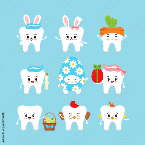 Easter cute teeth dental icon set isolated. Dentist white tooth character with bunny ears, easter basket, candle, in egg, hen, chicken costume. Flat cartoon vector kids dentistry clip art illustration