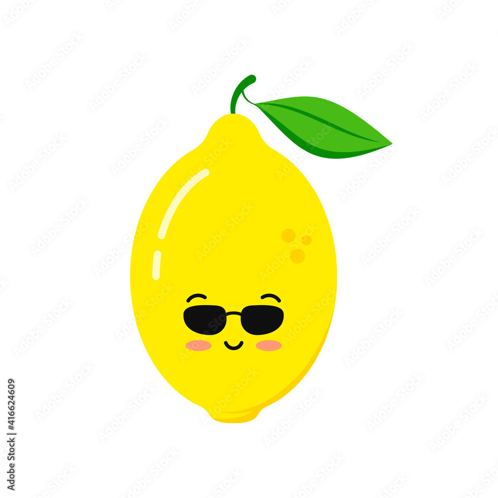 Cute lemon in sunglases icon isolated on white background. Funny cartoon summer character - smiling citrus fruit emoticon. Fresh yellow lemon with green leaf mascot flat design vector illustration. Cute lemon in sunglases icon isolated on white background. Funny cartoon summer character - smiling citrus fruit emoticon. Fresh yellow lemon with green leaf mascot flat design vector illustration.