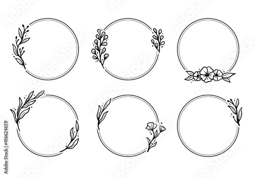 Set of geometric floral frame, border with leaves, wreaths, flower elements. Hand drawn sketch pencil style. Perfect for invitation, greeting card, social media, blog