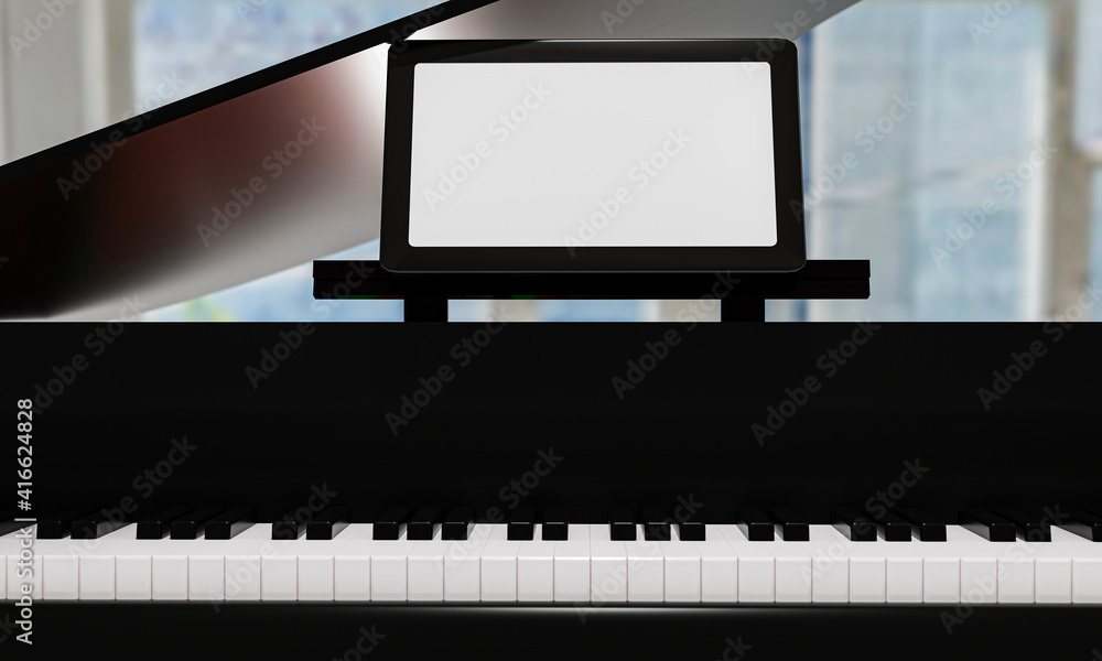 Learn piano online by yourself. Use a tablet or computer to learn piano tutorials online. The black grand piano has a tablet placed on a notebook stand. 3D Rendering. Learn piano online by yourself. Use a tablet or computer to learn piano tutorials online. The black grand piano has a tablet placed on a notebook stand. 3D Rendering.