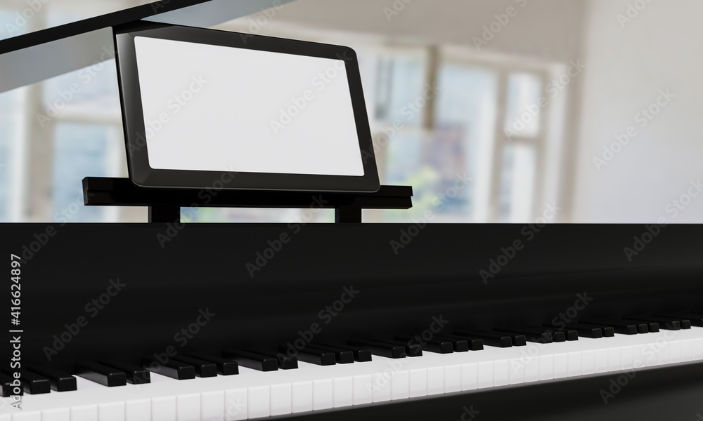 Fototapeta premium Learn piano online by yourself. Use a tablet or computer to learn piano tutorials online. The black grand piano has a tablet placed on a notebook stand. 3D Rendering.