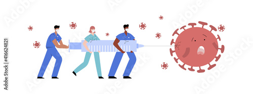 Doctors and nurses fight coronavirus with covid-19 vaccine. People carry big syringe with antivirus shot and inject pathogen. Healthcare, coronavirus, prevention and immunize. Stop covid pandemic.
