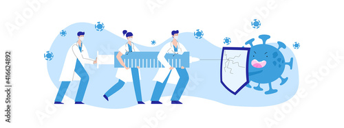Doctors and nurses fight coronavirus with covid-19 vaccine. People carry big syringe with antivirus shot and inject pathogen. Healthcare, coronavirus, prevention and immunize. Stop covid pandemic.