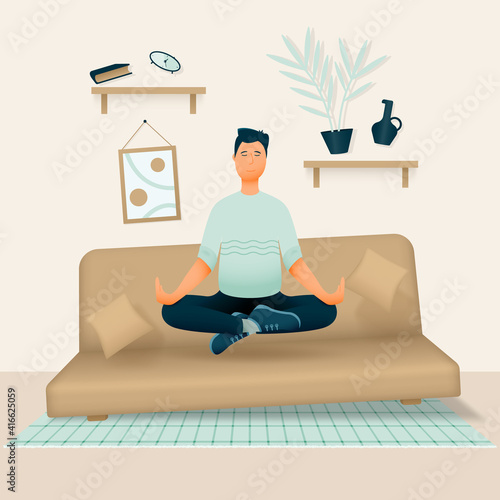 A relaxed smiling man sits in his room or apartment on a soft sofa with his legs crossed and meditates. Vector illustration.