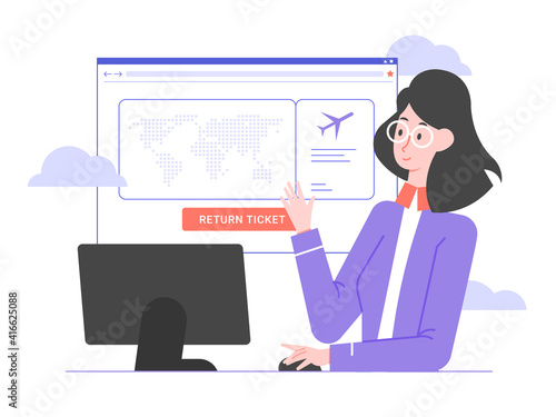 Cute airline employee, computer monitor and browser window. Flight ticket refund. Vector flat illustration.