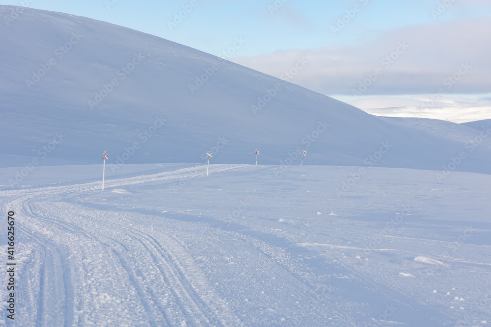 Snow mobile trails in the swedish mountains.