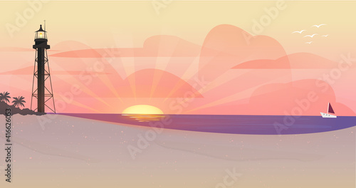 Beach sunset with lighthouse vector illustration  (ID: 416626053)