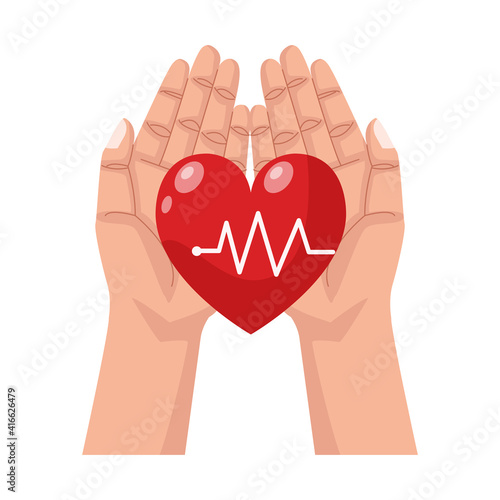 hands lifting heart cardio with line pulse isolated icon