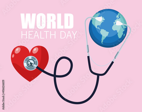 world health day lettering with earth planet and stethoscope in heart