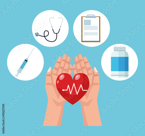 hands lifting heart cardio with bundle of medical set icons