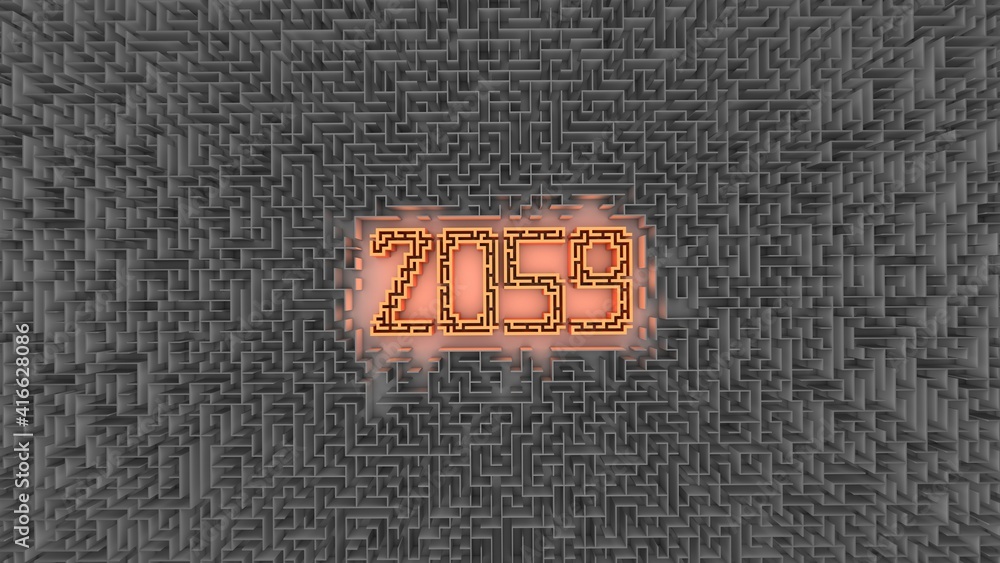 3D illustration of number 2059 in a center of a maze 3D illustration of number 2059 in a center of a maze