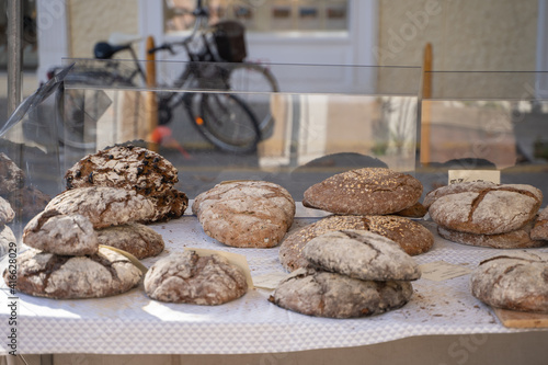 Artisan bread stand at a market in Pollença in Palma de Mallorca, Spain