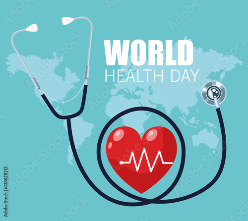 world health day lettering with heart cardio and stethoscope in earth planet