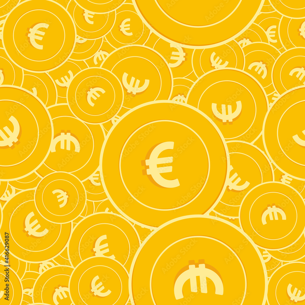 European Union Euro coins seamless pattern. Actual scattered EUR coins. Big win or success concept.