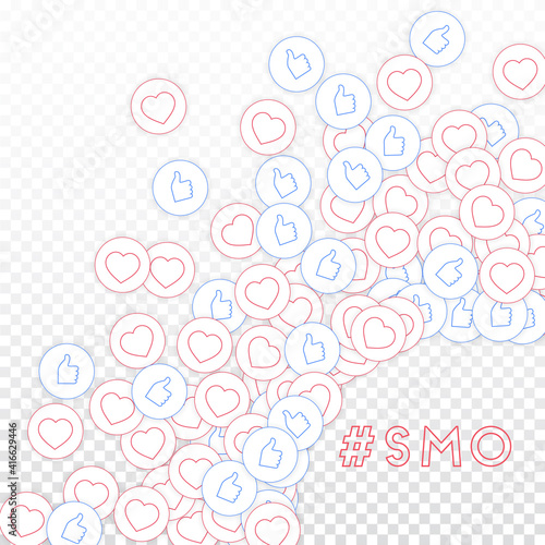 Social media icons. Smo concept. Falling scattered thumbs up hearts. Radiant right bottom corner ele