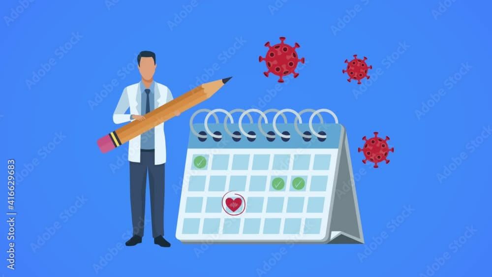 covid19 virus particles with calendar and doctor lifting pencil covid19 virus particles with calendar and doctor lifting pencil