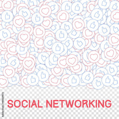 Social media icons. Social networking concept. Falling scattered thumbs up hearts. Top gradient squa