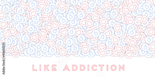 Social media icons. Like addiction concept. Falling scattered thumbs up hearts. Wide top gradient el